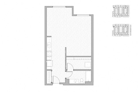 Floor plan for studio, 1 bath, 697 sqft